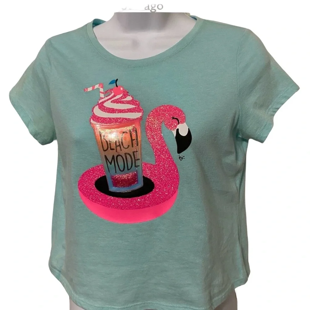 Justice cute Pink Flamingo Beach Mode top with moveable glitter sz 12